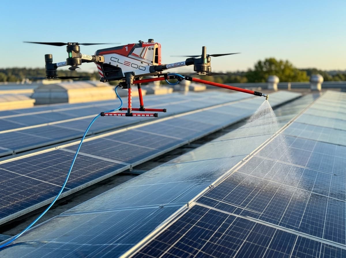 CLEOO-Drohne reinigt eine Photovoltaikanlage auf einem Flachdach